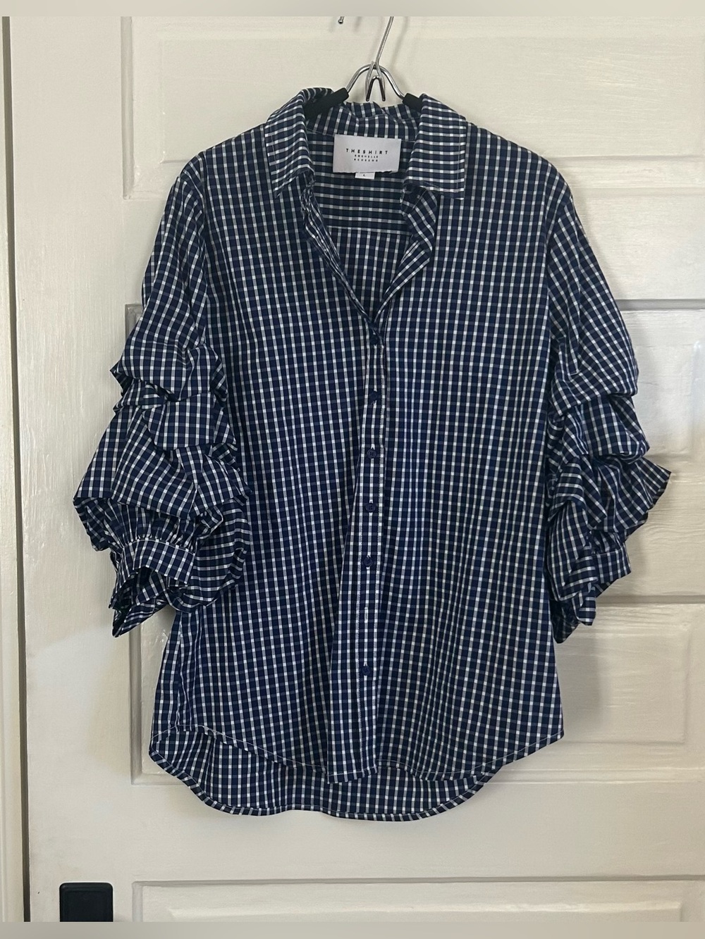 NWOT The Shirt by Rochelle Behrens Navy and White Gingham Ruffle-Sleeve Blouse